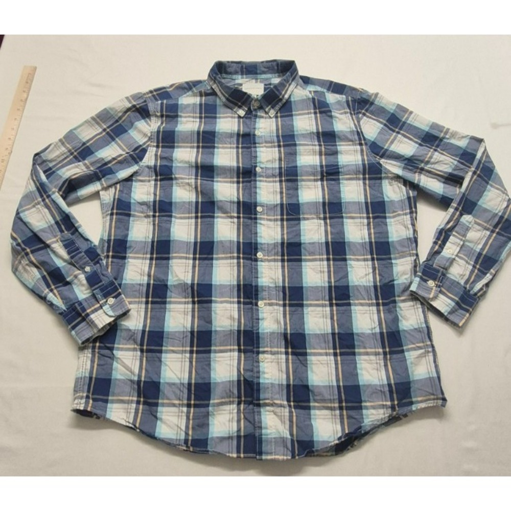 American Eagle men's blue/white/tan plaid long sleeve button up shirt‎ sz XXL